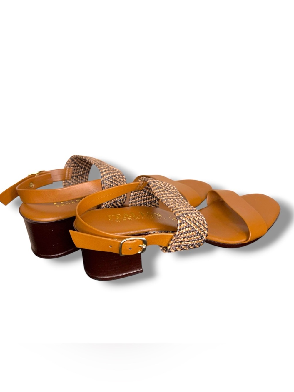 Size 9.5 Italian Shoemakers Tan Brown Sandals Block 2” Heel Made In Italy